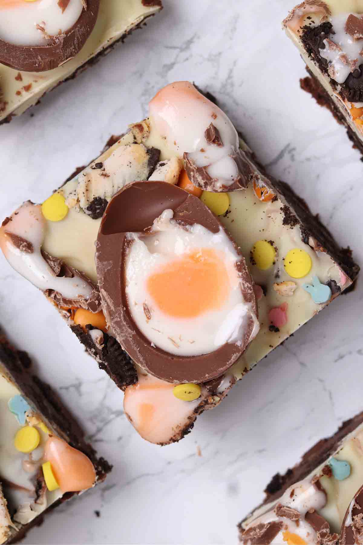 overhead image of no bake creme egg traybake