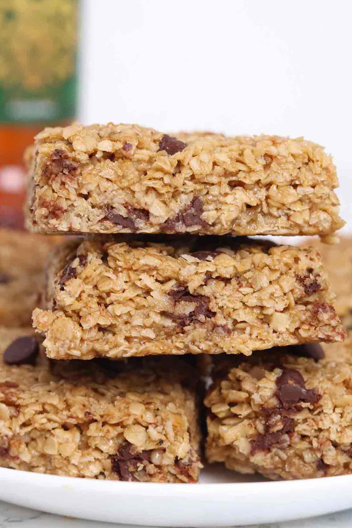 a stack of chocolate chip flapjacks on a plate