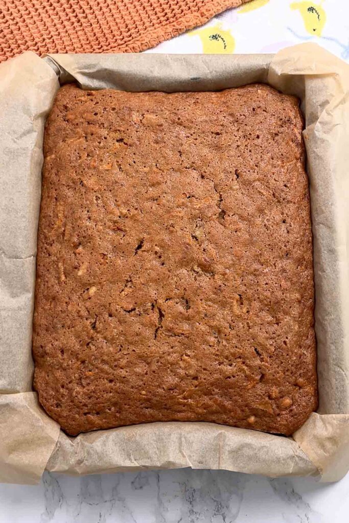 baked carrot cake in a traybake tin
