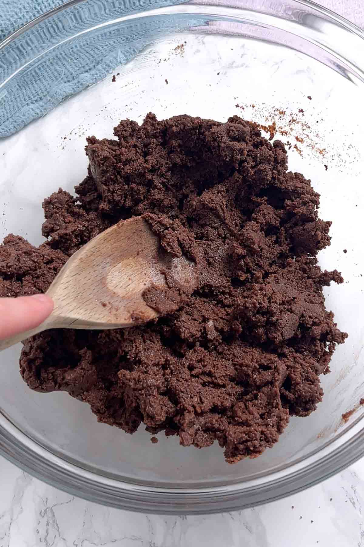 chocolate biscuit mixture in a glass bowl