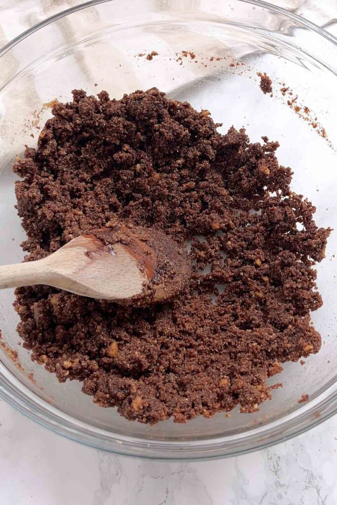 chocolate biscuit mixture in a glass bowl