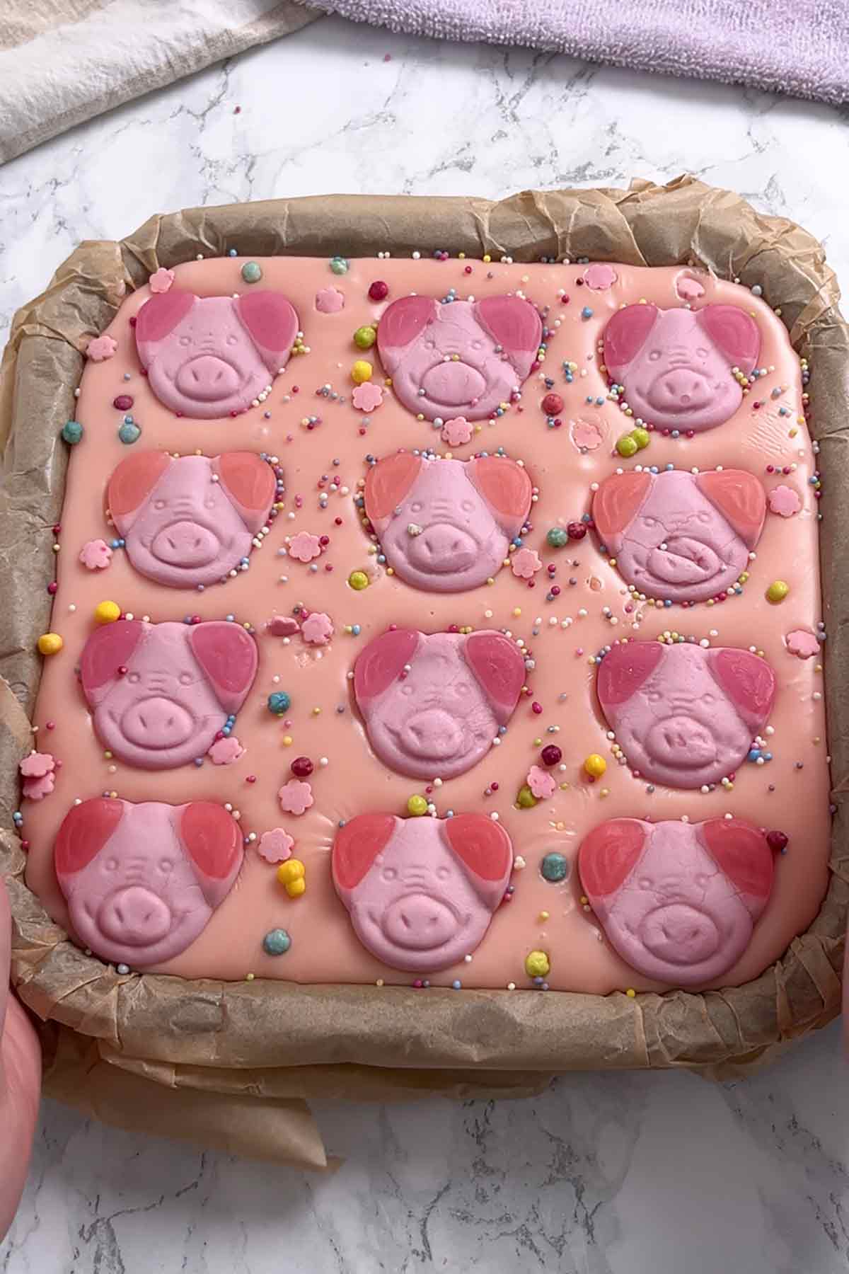image of percy pig traybake slice before refrigerating