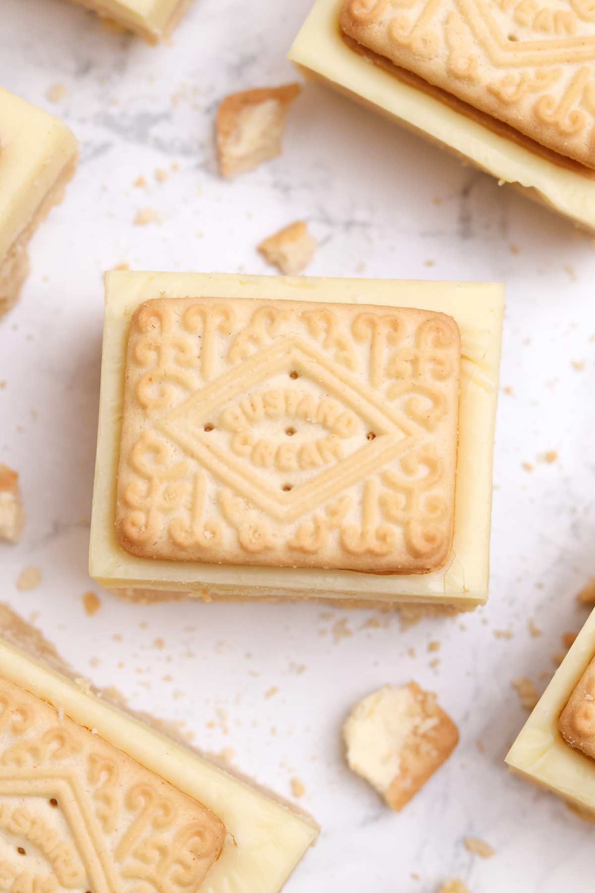 overhead image of no bake custard cream traybake slice