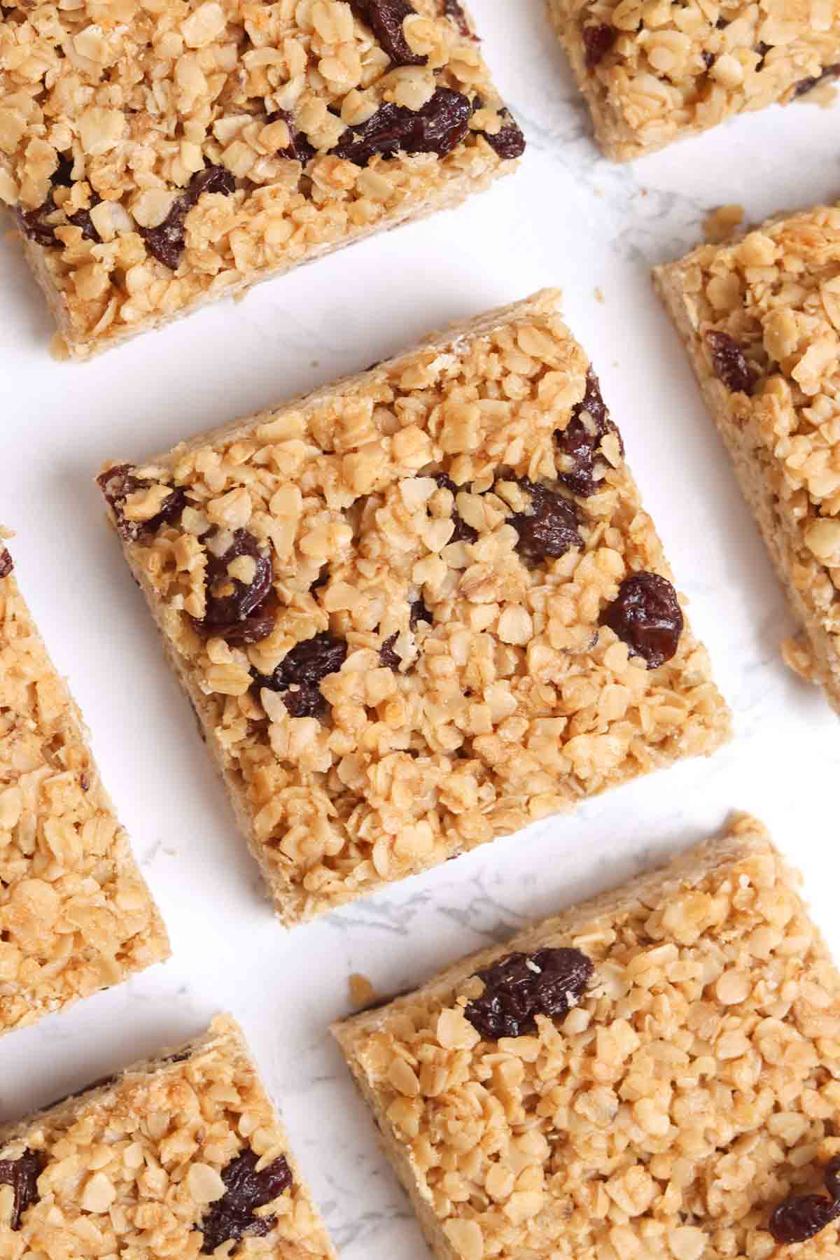 overhead image of raisin flapjacks on kitchen counter