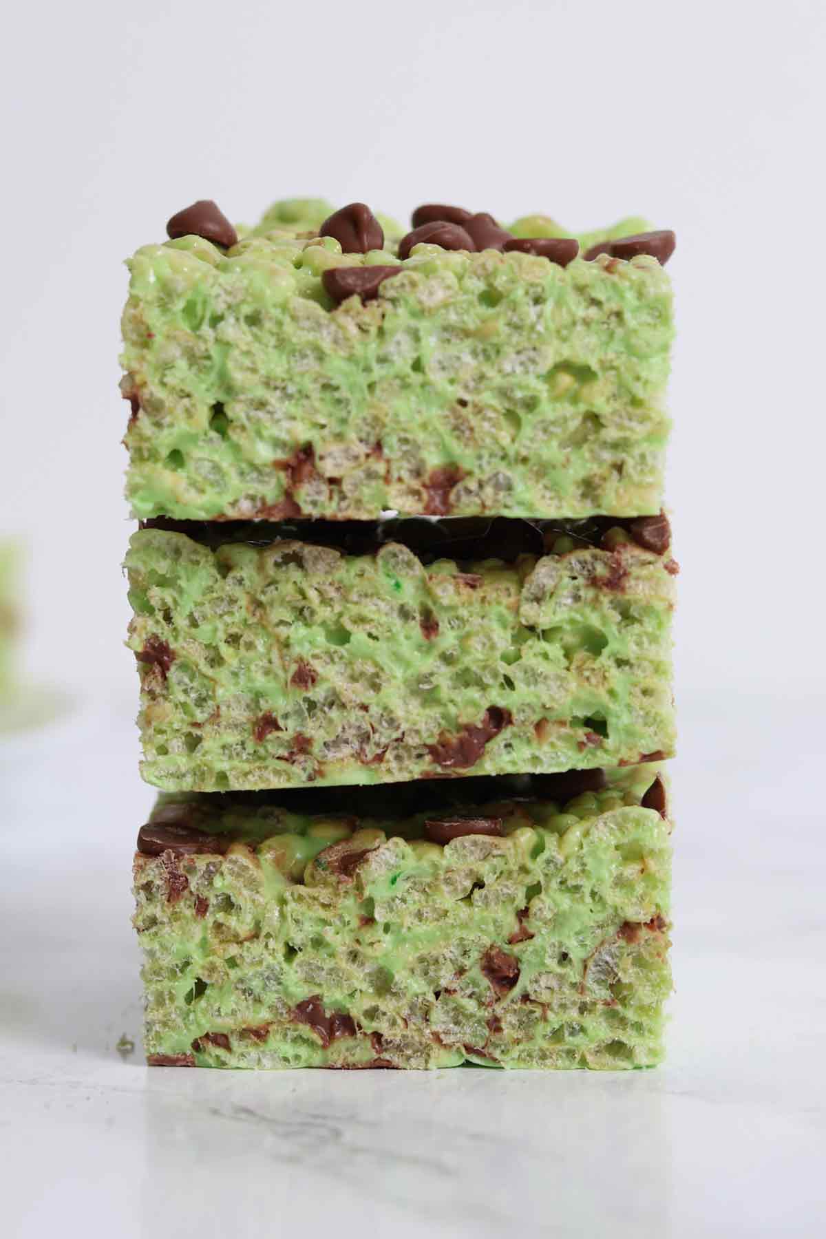 stack of 3 green mint choc chip rice krispie treats