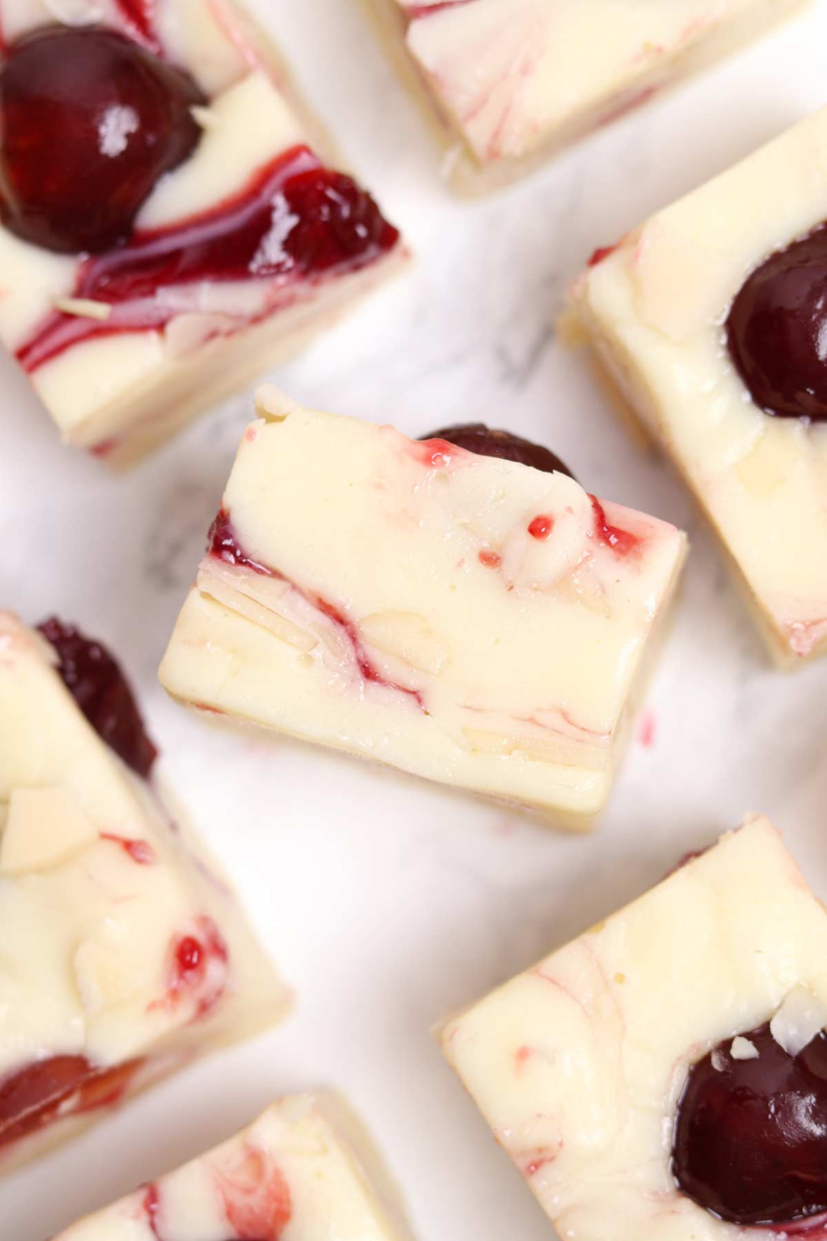 overhead image of cherry bakewell fudge squares