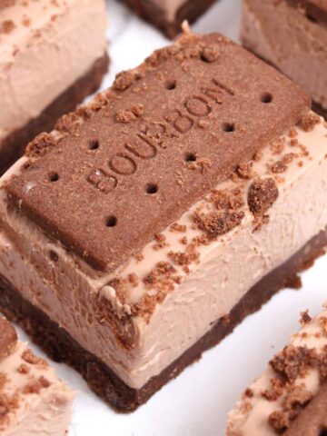 thumbnail image of no bake chocolate bourbon biscuit cheesecake bars